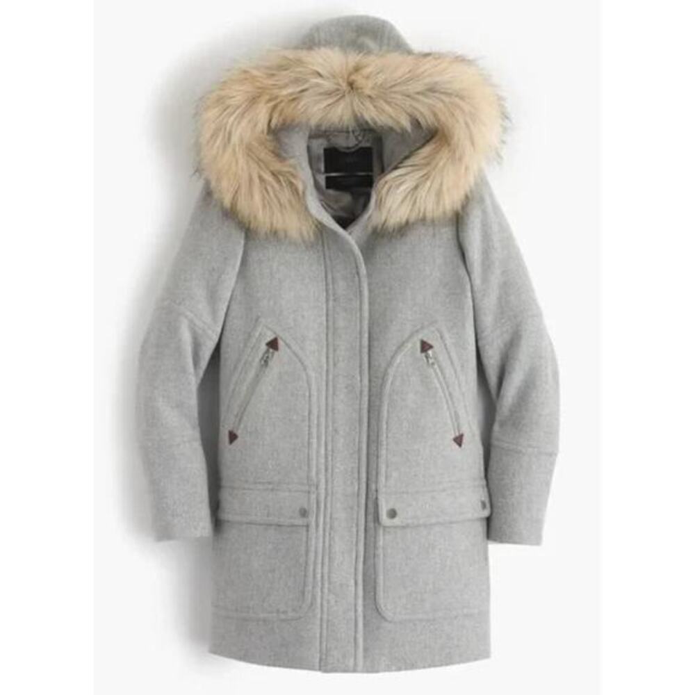 J.‎ Crew stadium Cloth Gray Faux Fur Trim Coat - Picture 1 of 3